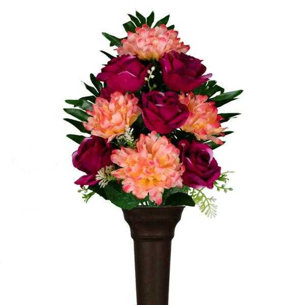 Peach Mums and Burgundy Roses